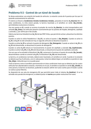 Problemas M340 - 295
Universidad de Oviedo
ISA - J. Alonso - I. Machón
Problema 9.5 · Control de un túnel de lavado
Se desea automatizar una estación de lavado de vehículos. La estación consta de 4 puestos por los que irá
pasando sucesivamente los vehículos.
El sistema se llevará a Condiciones Iniciales Condiciones Iniciales, pulsando el rearme (Ix_Rearme) NA. En
estas condiciones, la cinta estará parada, la barrera levantada y el semáforo en verde (Qx_LVerde),
permitiéndose evolucionar al sistema.
Una vez puesta en CI, cuando se accione el pulsador de marcha (Ix_Marcha), la cinta transportadora será
activada (Qx_Cinta) y los vehículos pasarán sucesivamente por los puestos de mojado, detergente, cepillado
y aclarado, y, por último por el de secado.
Habrá unas barreras fotoeléctricas (Ix_Fn) de tipo PNP 3 hilos, que permitirán activar y desactivar los distintos
puestos.
Cuando se activa la célula fotoeléctrica 1 (Ix_F1), se activa el puesto 1 (Qx_Mojado). Cuando se active la
Ix_F2 y la Ix_F1 no esté activada (no hay un segundo vehículo) se desactiva el puesto 1.
Cuando se active Ix_F2 se activará el puesto de detergente (Qx_Detergente). Cuando se active la Ix_F3 y la
Ix_F2 esté desactivada, se desactivará el puesto de detergente.
Cuando se active Ix_F3 entrará en funcionamiento el puesto de cepillado y aclarado (Qx_CepiAclarado).
Cuando se active la Ix_F4 y la Ix_F3 esté desactivada, se desactivará el puesto de cepillado y aclarado.
Una vez que se ha activado la fotocélula 4 (Ix_F4), comenzará a funcionar el puesto de secado (Qx_Secado),
desactivándose cuando se conecte la Ix_F5 y la fotocélula 4 (Ix_F4) esté desactivada.
La barrera, en condiciones normales, deberá estar levantada y el semáforo en verde. Cuando en la estación
se detecte que hay 4 vehículos, uno en cada puesto, la barrera deberá bajar y el semáforo se pondrá en rojo
(Qx_LRoja), indicando que no se puede pasar.
Tanto la barrera como el semáforo permanecerán en éstas condiciones hasta que se detecte que los cuatro
vehículos han abandonado la estación, momento en el cual, el semáforo se pondrá en verde (Qx_LVerde), la
cinta parará y la barrera se levantará, pudiendo la estación admitir de nuevo coches para el lavado cuando
se vuelva a pulsar Marcha.
Se dispondrá de una seta de emergencia NC que permitirá parar todo el sistema (Ix_SetaEme). Si se ha
activado esta parada de emergencia, se deberá pulsar el rearme para poder evolucionar de nuevo.
 