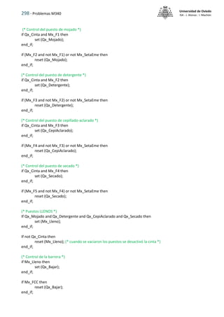 298 - Problemas M340
Universidad de Oviedo
ISA - J. Alonso - I. Machón
(* Control del puesto de mojado *)
if Qx_Cinta and Mx_F1 then
set (Qx_Mojado);
end_if;
if (Mx_F2 and not Mx_F1) or not Mx_SetaEme then
reset (Qx_Mojado);
end_if;
(* Control del puesto de detergente *)
if Qx_Cinta and Mx_F2 then
set (Qx_Detergente);
end_if;
if (Mx_F3 and not Mx_F2) or not Mx_SetaEme then
reset (Qx_Detergente);
end_if;
(* Control del puesto de cepillado-aclarado *)
if Qx_Cinta and Mx_F3 then
set (Qx_CepiAclarado);
end_if;
if (Mx_F4 and not Mx_F3) or not Mx_SetaEme then
reset (Qx_CepiAclarado);
end_if;
(* Control del puesto de secado *)
if Qx_Cinta and Mx_F4 then
set (Qx_Secado);
end_if;
if (Mx_F5 and not Mx_F4) or not Mx_SetaEme then
reset (Qx_Secado);
end_if;
(* Puestos LLENOS *)
If Qx_Mojado and Qx_Detergente and Qx_CepiAclarado and Qx_Secado then
set (Mx_Lleno);
end_if;
If not Qx_Cinta then
reset (Mx_Lleno); (* cuando se vaciaron los puestos se desactivó la cinta *)
end_if;
(* Control de la barrera *)
if Mx_Lleno then
set (Qx_Bajar);
end_if;
if Mx_FCC then
reset (Qx_Bajar);
end_if;
 