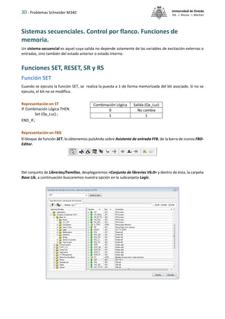 30 - Problemas Schneider M340 Universidad de Oviedo
ISA - J. Alonso - I. Machón
Sistemas secuenciales. Control por flanco. Funciones de
memoria.
Un sistema secuencial es aquel cuya salida no depende solamente de las variables de excitación externas o
entradas, sino también del estado anterior o estado interno.
Funciones SET, RESET, SR y RS
Función SET
Cuando se ejecuta la función SET, se realiza la puesta a 1 de forma memorizada del bit asociado. Si no se
ejecuta, el bit no se modIfica.
Representación en ST
IF Combinación Lógica THEN
Set (Qx_Luz) ;
END_IF;
Representación en FBD
El bloque de función SET, lo obtenemos pulsAndo sobre Asistente de entrada FFB, de la barra de iconos FBD-
Editor.
Del conjunto de Librerias/Familias, desplegaremos <Conjunto de librerias V6.0> y dentro de ésta, la carpeta
Base Lib, a continuación buscaremos nuestra opción en la subcarpeta Logic.
Combinación Lógica Salida (Qx_Luz)
0 No cambia
1 1
 