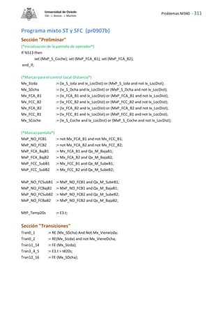 Problemas M340 - 311
Universidad de Oviedo
ISA - J. Alonso - I. Machón
Programa mixto ST y SFC (pr0907b)
Sección "Preliminar"
(*Inicialización de la pantalla de operador*)
If %S13 then
set (MxP_S_Coche); set (MxP_FCA_B1); set (MxP_FCA_B2);
end_if;
(*Marcas para el control Local-Distancia*)
Mx_SIzda := (Ix_S_Izda and Ix_LocDist) or (MxP_S_Izda and not Ix_LocDist);
Mx_SDcha := (Ix_S_Dcha and Ix_LocDist) or (MxP_S_Dcha and not Ix_LocDist);
Mx_FCA_B1 := (Ix_FCA_B1 and Ix_LocDist) or (MxP_FCA_B1 and not Ix_LocDist);
Mx_FCC_B2 := (Ix_FCC_B2 and Ix_LocDist) or (MxP_FCC_B2 and not Ix_LocDist);
Mx_FCA_B2 := (Ix_FCA_B2 and Ix_LocDist) or (MxP_FCA_B2 and not Ix_LocDist);
Mx_FCC_B1 := (Ix_FCC_B1 and Ix_LocDist) or (MxP_FCC_B1 and not Ix_LocDist);
Mx_SCoche := (Ix_S_Coche and Ix_LocDist) or (MxP_S_Coche and not Ix_LocDist);
(*Marcas pantalla*)
MxP_NO_FCB1 := not Mx_FCA_B1 and not Mx_FCC_B1;
MxP_NO_FCB2 := not Mx_FCA_B2 and not Mx_FCC_B2;
MxP_FCA_BajB1 := Mx_FCA_B1 and Qx_M_BajaB1;
MxP_FCA_BajB2 := Mx_FCA_B2 and Qx_M_BajaB2;
MxP_FCC_SubB1 := Mx_FCC_B1 and Qx_M_SubeB1;
MxP_FCC_SubB2 := Mx_FCC_B2 and Qx_M_SubeB2;
MxP_NO_FCSubB1 := MxP_NO_FCB1 and Qx_M_SubeB1;
MxP_NO_FCBajB1 := MxP_NO_FCB1 and Qx_M_BajaB1;
MxP_NO_FCSubB2 := MxP_NO_FCB2 and Qx_M_SubeB2;
MxP_NO_FCBaB2 := MxP_NO_FCB2 and Qx_M_BajaB2;
MtP_Temp20s := E3.t;
Sección "Transiciones"
Tran0_1 := RE (Mx_SDcha) And Not Mx_VieneIzda;
Tran0_2 := RE(Mx_SIzda) and not Mx_VieneDcha;
Tran11_14 := FE (Mx_SIzda);
Tran3_4_5 := E3.t > t#20s;
Tran12_16 := FE (Mx_SDcha);
 
