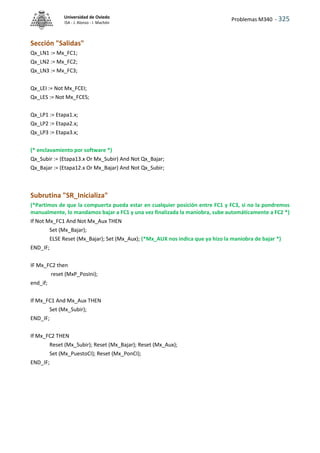 Problemas M340 - 325
Universidad de Oviedo
ISA - J. Alonso - I. Machón
Sección "Salidas"
Qx_LN1 := Mx_FC1;
Qx_LN2 := Mx_FC2;
Qx_LN3 := Mx_FC3;
Qx_LEI := Not Mx_FCEI;
Qx_LES := Not Mx_FCES;
Qx_LP1 := Etapa1.x;
Qx_LP2 := Etapa2.x;
Qx_LP3 := Etapa3.x;
(* enclavamiento por software *)
Qx_Subir := (Etapa13.x Or Mx_Subir) And Not Qx_Bajar;
Qx_Bajar := (Etapa12.x Or Mx_Bajar) And Not Qx_Subir;
Subrutina "SR_Inicializa"
(*Partimos de que la compuerta pueda estar en cualquier posición entre FC1 y FC3, si no la pondremos
manualmente, lo mandamos bajar a FC1 y una vez finalizada la maniobra, sube automáticamente a FC2 *)
If Not Mx_FC1 And Not Mx_Aux THEN
Set (Mx_Bajar);
ELSE Reset (Mx_Bajar); Set (Mx_Aux); (*Mx_AUX nos indica que ya hizo la maniobra de bajar *)
END_IF;
IF Mx_FC2 then
reset (MxP_PosIni);
end_if;
If Mx_FC1 And Mx_Aux THEN
Set (Mx_Subir);
END_IF;
If Mx_FC2 THEN
Reset (Mx_Subir); Reset (Mx_Bajar); Reset (Mx_Aux);
Set (Mx_PuestoCI); Reset (Mx_PonCI);
END_IF;
 