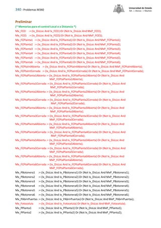 340 - Problemas M340
Universidad de Oviedo
ISA - J. Alonso - I. Machón
Preliminar
(* Memorias para el control Local o a Distancia *)
Mx_FCEI := (Ix_DisLoc And Ix_FCEI) Or (Not Ix_DisLoc And MxP_FCEI);
Mx_FCES := (Ix_DisLoc And Ix_FCES) Or (Not Ix_DisLoc And MxP_FCES);
Mx_FCPlanta1 := (Ix_DisLoc And Ix_FCPlanta1) Or (Not Ix_DisLoc And MxP_FCPlanta1);
Mx_FCPlanta2 := (Ix_DisLoc And Ix_FCPlanta2) Or (Not Ix_DisLoc And MxP_FCPlanta2);
Mx_FCPlanta3 := (Ix_DisLoc And Ix_FCPlanta3) Or (Not Ix_DisLoc And MxP_FCPlanta3);
Mx_FCPlanta4 := (Ix_DisLoc And Ix_FCPlanta4) Or (Not Ix_DisLoc And MxP_FCPlanta4);
Mx_FCPlanta5 := (Ix_DisLoc And Ix_FCPlanta5) Or (Not Ix_DisLoc And MxP_FCPlanta5);
Mx_FCPlanta6 := (Ix_DisLoc And Ix_FCPlanta6) Or (Not Ix_DisLoc And MxP_FCPlanta6);
Mx_FCPtaIntAbierta := (Ix_DisLoc And Ix_FCPtaIntAbierta) Or (Not Ix_DisLoc And MxP_FCPtaIntAbierta);
Mx_FCPtaIntCerrada := (Ix_DisLoc And Ix_FCPtaIntCerrada) Or (Not Ix_DisLoc And MxP_FCPtaIntCerrada);
Mx_FCPtaPlanta1Abierta := (Ix_DisLoc And Ix_FCPtaPlanta1Abierta) Or (Not Ix_DisLoc And
MxP_FCPtaPlanta1Abierta);
Mx_FCPtaPlanta1Cerrada := (Ix_DisLoc And Ix_FCPtaPlanta1Cerrada) Or (Not Ix_DisLoc And
MxP_FCPtaPlanta1Cerrada);
Mx_FCPtaPlanta2Abierta := (Ix_DisLoc And Ix_FCPtaPlanta2Abierta) Or (Not Ix_DisLoc And
MxP_FCPtaPlanta2Abierta);
Mx_FCPtaPlanta2Cerrada := (Ix_DisLoc And Ix_FCPtaPlanta2Cerrada) Or (Not Ix_DisLoc And
MxP_FCPtaPlanta2Cerrada);
Mx_FCPtaPlanta3Abierta := (Ix_DisLoc And Ix_FCPtaPlanta3Abierta) Or (Not Ix_DisLoc And
MxP_FCPtaPlanta3Abierta);
Mx_FCPtaPlanta3Cerrada := (Ix_DisLoc And Ix_FCPtaPlanta3Cerrada) Or (Not Ix_DisLoc And
MxP_FCPtaPlanta3Cerrada);
Mx_FCPtaPlanta4Abierta := (Ix_DisLoc And Ix_FCPtaPlanta4Abierta) Or (Not Ix_DisLoc And
MxP_FCPtaPlanta4Abierta);
Mx_FCPtaPlanta4Cerrada := (Ix_DisLoc And Ix_FCPtaPlanta4Cerrada) Or (Not Ix_DisLoc And
MxP_FCPtaPlanta4Cerrada);
Mx_FCPtaPlanta5Abierta := (Ix_DisLoc And Ix_FCPtaPlanta5Abierta) Or (Not Ix_DisLoc And
MxP_FCPtaPlanta5Abierta);
Mx_FCPtaPlanta5Cerrada := (Ix_DisLoc And Ix_FCPtaPlanta5Cerrada) Or (Not Ix_DisLoc And
MxP_FCPtaPlanta5Cerrada);
Mx_FCPtaPlanta6Abierta := (Ix_DisLoc And Ix_FCPtaPlanta6Abierta) Or (Not Ix_DisLoc And
MxP_FCPtaPlanta6Abierta);
Mx_FCPtaPlanta6Cerrada := (Ix_DisLoc And Ix_FCPtaPlanta6Cerrada) Or (Not Ix_DisLoc And
MxP_FCPtaPlanta6Cerrada);
Mx_PBotonera1 := (Ix_DisLoc And Ix_PBotonera1) Or (Not Ix_DisLoc And MxP_PBotonera1);
Mx_PBotonera2 := (Ix_DisLoc And Ix_PBotonera2) Or (Not Ix_DisLoc And MxP_PBotonera2);
Mx_PBotonera3 := (Ix_DisLoc And Ix_PBotonera3) Or (Not Ix_DisLoc And MxP_PBotonera3);
Mx_PBotonera4 := (Ix_DisLoc And Ix_PBotonera4) Or (Not Ix_DisLoc And MxP_PBotonera4);
Mx_PBotonera5 := (Ix_DisLoc And Ix_PBotonera5) Or (Not Ix_DisLoc And MxP_PBotonera5);
Mx_PBotonera6 := (Ix_DisLoc And Ix_PBotonera6) Or (Not Ix_DisLoc And MxP_PBotonera6);
Mx_PAbrirPuertas := (Ix_DisLoc And Ix_PAbrirPuertas) Or (Not Ix_DisLoc And MxP_PAbrirPuertas);
Mx_Fotocelula := (Ix_DisLoc And Ix_Fotocelula) Or (Not Ix_DisLoc And MxP_Fotocelula);
Mx_PPlanta1 := (Ix_DisLoc And Ix_PPlanta1) Or (Not Ix_DisLoc And MxP_PPlanta1);
Mx_PPlanta2 := (Ix_DisLoc And Ix_PPlanta2) Or (Not Ix_DisLoc And MxP_PPlanta2);
 