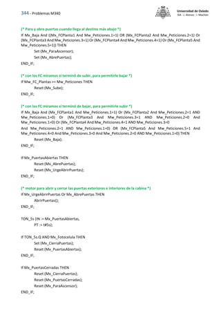 344 - Problemas M340
Universidad de Oviedo
ISA - J. Alonso - I. Machón
(* Para y abre puertas cuando llega al destino más abajo *)
If Mx_Baja And ((Mx_FCPlanta1 And Mw_Peticiones.1=1) OR (Mx_FCPlanta2 And Mw_Peticiones.2=1) Or
(Mx_FCPlanta3 And Mw_Peticiones.3=1) Or (Mx_FCPlanta4 And Mw_Peticiones.4=1) Or (Mx_FCPlanta5 And
Mw_Peticiones.5=1)) THEN
Set (Mx_ParaAscensor);
Set (Mx_AbrePuertas);
END_IF;
(* con los FC miramos si terminó de subir, para permitirle bajar *)
If Mw_FC_Plantas >= Mw_Peticiones THEN
Reset (Mx_Sube);
END_IF;
(* con los FC miramos si terminó de bajar, para permitirle subir *)
If Mx_Baja And (Mx_FCPlanta1 And Mw_Peticiones.1=1) Or (Mx_FCPlanta2 And Mw_Peticiones.2=1 AND
Mw_Peticiones.1=0) Or (Mx_FCPlanta3 And Mw_Peticiones.3=1 AND Mw_Peticiones.2=0 And
Mw_Peticiones.1=0) Or (Mx_FCPlanta4 And Mw_Peticiones.4=1 AND Mw_Peticiones.3=0
And Mw_Peticiones.2=1 AND Mw_Peticiones.1=0) OR (Mx_FCPlanta5 And Mw_Peticiones.5=1 And
Mw_Peticiones.4=0 And Mw_Peticiones.3=0 And Mw_Peticiones.2=0 AND Mw_Peticiones.1=0) THEN
Reset (Mx_Baja);
END_IF;
If Mx_PuertasAbiertas THEN
Reset (Mx_AbrePuertas);
Reset (Mx_UrgeAbrirPuertas);
END_IF;
(* motor para abrir y cerrar las puertas exteriores e interiores de la cabina *)
If Mx_UrgeAbrirPuertas Or Mx_AbrePuertas THEN
AbrirPuertas();
END_IF;
TON_5s (IN := Mx_PuertasAbiertas,
PT := t#5s);
If TON_5s.Q AND Mx_Fotocelula THEN
Set (Mx_CierraPuertas);
Reset (Mx_PuertasAbiertas);
END_IF;
If Mx_PuertasCerradas THEN
Reset (Mx_CierraPuertas);
Reset (Mx_PuertasCerradas);
Reset (Mx_ParaAscensor);
END_IF;
 