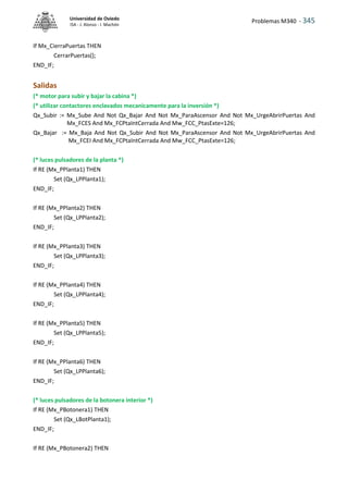Problemas M340 - 345
Universidad de Oviedo
ISA - J. Alonso - I. Machón
If Mx_CierraPuertas THEN
CerrarPuertas();
END_IF;
Salidas
(* motor para subir y bajar la cabina *)
(* utilizar contactores enclavados mecanicamente para la inversión *)
Qx_Subir := Mx_Sube And Not Qx_Bajar And Not Mx_ParaAscensor And Not Mx_UrgeAbrirPuertas And
Mx_FCES And Mx_FCPtaIntCerrada And Mw_FCC_PtasExte=126;
Qx_Bajar := Mx_Baja And Not Qx_Subir And Not Mx_ParaAscensor And Not Mx_UrgeAbrirPuertas And
Mx_FCEI And Mx_FCPtaIntCerrada And Mw_FCC_PtasExte=126;
(* luces pulsadores de la planta *)
If RE (Mx_PPlanta1) THEN
Set (Qx_LPPlanta1);
END_IF;
If RE (Mx_PPlanta2) THEN
Set (Qx_LPPlanta2);
END_IF;
If RE (Mx_PPlanta3) THEN
Set (Qx_LPPlanta3);
END_IF;
If RE (Mx_PPlanta4) THEN
Set (Qx_LPPlanta4);
END_IF;
If RE (Mx_PPlanta5) THEN
Set (Qx_LPPlanta5);
END_IF;
If RE (Mx_PPlanta6) THEN
Set (Qx_LPPlanta6);
END_IF;
(* luces pulsadores de la botonera interior *)
If RE (Mx_PBotonera1) THEN
Set (Qx_LBotPlanta1);
END_IF;
If RE (Mx_PBotonera2) THEN
 