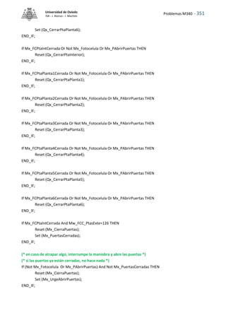 Problemas M340 - 351
Universidad de Oviedo
ISA - J. Alonso - I. Machón
Set (Qx_CerrarPtaPlanta6);
END_IF;
If Mx_FCPtaIntCerrada Or Not Mx_Fotocelula Or Mx_PAbrirPuertas THEN
Reset (Qx_CerrarPtaInterior);
END_IF;
If Mx_FCPtaPlanta1Cerrada Or Not Mx_Fotocelula Or Mx_PAbrirPuertas THEN
Reset (Qx_CerrarPtaPlanta1);
END_IF;
If Mx_FCPtaPlanta2Cerrada Or Not Mx_Fotocelula Or Mx_PAbrirPuertas THEN
Reset (Qx_CerrarPtaPlanta2);
END_IF;
If Mx_FCPtaPlanta3Cerrada Or Not Mx_Fotocelula Or Mx_PAbrirPuertas THEN
Reset (Qx_CerrarPtaPlanta3);
END_IF;
If Mx_FCPtaPlanta4Cerrada Or Not Mx_Fotocelula Or Mx_PAbrirPuertas THEN
Reset (Qx_CerrarPtaPlanta4);
END_IF;
If Mx_FCPtaPlanta5Cerrada Or Not Mx_Fotocelula Or Mx_PAbrirPuertas THEN
Reset (Qx_CerrarPtaPlanta5);
END_IF;
If Mx_FCPtaPlanta6Cerrada Or Not Mx_Fotocelula Or Mx_PAbrirPuertas THEN
Reset (Qx_CerrarPtaPlanta6);
END_IF;
If Mx_FCPtaIntCerrada And Mw_FCC_PtasExte=126 THEN
Reset (Mx_CierraPuertas);
Set (Mx_PuertasCerradas);
END_IF;
(* en caso de atrapar algo, interrumpe la maniobra y abre las puertas *)
(* si las puertas ya están cerradas, no hace nada *)
If (Not Mx_Fotocelula Or Mx_PAbrirPuertas) And Not Mx_PuertasCerradas THEN
Reset (Mx_CierraPuertas);
Set (Mx_UrgeAbrirPuertas);
END_IF;
 