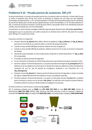 Problemas M340 - 365
Universidad de Oviedo
ISA - J. Alonso - I. Machón
Problema 9.12 · Pesado preciso de sustancias. EM y EF
Se desea automatizar un proceso de pesado preciso de un producto sobre una báscula. La base sobre la que
se vierte el producto pesa 20 Kg. Para verter el producto se dispone de una tolva con dos tajaderas
controladas neumáticamente. La "A" cerrada mediante un Cilindro de Simple Efecto [CSE] vierte el producto
de una forma rápida -gran sección de paso- gobernado por una EV monoestable. La "B" cerrada mediante un
CSE, lo vierte de una forma más lenta -sección de paso inferior- para poder afinar en la cantidad de producto
vertido, está controlado por una EV monoestable.
La tolva tiene un sensor de peso analógico calibrado capaz de pesar desde 0 hasta 700 Kg (Iw_SensorPeso).
Supongamos que nos proporciona una señal a través de un interface de 0 a 10V DC. Nos dará 10 V cuando
pese 700 Kg y 0 V cuando esté a 0 Kg.
El proceso consiste en lo siguiente:
 Al pulsar Marcha (Ix_Marcha NA), deben abrirse las tajaderas A (Qx_A_Menos) y B (Qx_B_Menos)
que cierran el vertido de un producto sobre un sistema de pesaje basculante.
 Cuando se haya vertido 480 Kg de producto, deberá cerrarse la tajadera A.
 Cuando se haya vertido 500 Kg de producto, deberá cerrarse B con lo que se cerrará la compuerta
de afinado.
 Alcanzado el peso deseado, se vacía la báscula por medio de un cilindro basculante “C” (Qx_C_Mas)
EV monoestable.
 El vaciado se efectúa durante 10 segundos.
 En ese momento se desactiva el cilindro basculante para que la báscula recupere la posición inicial.
 Durante cualquier momento del proceso, si se pulsa la parada de emergencia (Ix_Emergencia NC) se
deberán cerrar las tajaderas A y B y/o parar el vaciado de la báscula. Además se indicará mediante la
activación de una luz roja de parada de emergencia oscilando a una frecuencia de 1 Hz
(Qx_LEmergencia).
 Al pulsar rearme (Ix_Rearme) el sistema vaciará la báscula durante 10 segundos y volverá al estado
de reposo, independientemente del estado en el que se produjese la parada.
 Durante cualquier momento del proceso, si se pulsa un interruptor de paro (Ix_Paro NC), se deberá
parar el proceso y activar una luz de paro (Qx_LParo). Se saldrá de esta situación al pulsar Marcha.
El sistema volverá a continuar donde estaba y se apagará la luz de paro.
El sistema tendrá un control Local y a Distancia (Ix_LocDis)
PD: El autómata utilizado será un M340 con CPU BMX P34 2020 en rack BMX XBP 0800, fuente de
alimentación BMX CPS 2000 (24VDC 20W, eficiencia del 82%) alimenta a todo el conjunto, módulo de
entradas PNP BMX DDI 1602, de salidas PNP BMX DDO 1602 y entradas/salidas analógicas BMX AMM 0600.
 