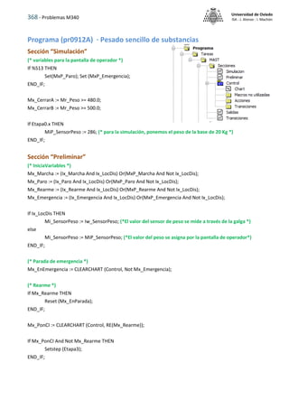 368 - Problemas M340
Universidad de Oviedo
ISA - J. Alonso - I. Machón
Programa (pr0912A) · Pesado sencillo de substancias
Sección “Simulación”
(* variables para la pantalla de operador *)
If %S13 THEN
Set(MxP_Paro); Set (MxP_Emergencia);
END_IF;
Mx_CerrarA := Mr_Peso >= 480.0;
Mx_CerrarB := Mr_Peso >= 500.0;
If Etapa0.x THEN
MiP_SensorPeso := 286; (* para la simulación, ponemos el peso de la base de 20 Kg *)
END_IF;
Sección “Preliminar”
(* IniciaVariables *)
Mx_Marcha := (Ix_Marcha And Ix_LocDis) Or(MxP_Marcha And Not Ix_LocDis);
Mx_Paro := (Ix_Paro And Ix_LocDis) Or(MxP_Paro And Not Ix_LocDis);
Mx_Rearme := (Ix_Rearme And Ix_LocDis) Or(MxP_Rearme And Not Ix_LocDis);
Mx_Emergencia := (Ix_Emergencia And Ix_LocDis) Or(MxP_Emergencia And Not Ix_LocDis);
If Ix_LocDis THEN
Mi_SensorPeso := Iw_SensorPeso; (*El valor del sensor de peso se mide a través de la galga *)
else
Mi_SensorPeso := MiP_SensorPeso; (*El valor del peso se asigna por la pantalla de operador*)
END_IF;
(* Parada de emergencia *)
Mx_EnEmergencia := CLEARCHART (Control, Not Mx_Emergencia);
(* Rearme *)
If Mx_Rearme THEN
Reset (Mx_EnParada);
END_IF;
Mx_PonCI := CLEARCHART (Control, RE(Mx_Rearme));
If Mx_PonCI And Not Mx_Rearme THEN
Setstep (Etapa3);
END_IF;
 