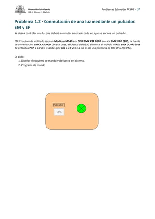 Problemas Schneider M340 - 37
Universidad de Oviedo
ISA - J. Alonso - I. Machón
Problema 1.2 · Conmutación de una luz mediante un pulsador.
EM y EF
Se desea controlar una luz que deberá conmutar su estado cada vez que se accione un pulsador.
PD: El autómata utilizado será un Modicon M340 con CPU BMX P34 2020 en rack BMX XBP 0800, la fuente
de alimentación BMX CPS 2000 (24VDC 20W, eficiencia del 82%) alimenta al módulo mixto BMX DDM16025
de entradas PNP a 24 VCC y salidas por relé a 24 VCC. La luz es de una potencia de 100 W a 230 VAC.
Se pide:
1. Diseñar el esquema de mando y de fuerza del sistema.
2. Programa de mando
 