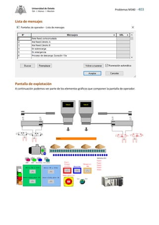 Problemas M340 - 403
Universidad de Oviedo
ISA - J. Alonso - I. Machón
Lista de mensajes
Pantalla de explotación
A continuación podemos ver parte de los elementos gráficos que componen la pantalla de operador.
 