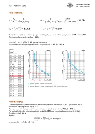 408 - Problemas M340
Universidad de Oviedo
ISA - J. Alonso - I. Machón
Relé térmico F1
𝜂 =
𝑃𝑢
𝑃
𝑒
=
𝑃
𝑢
√3 𝑈𝑛 𝐼𝑛 cos 
𝐼𝑛 =
𝑃
𝑢
𝜂 √3 𝑈𝑛 cos 
=
10000
0,85 · √3 · 400 · 0,86
= 𝟏𝟗, 𝟕𝟓 𝑨
𝐼f∆ =
𝐼n
√3
=
19.75
√3
≈ 𝟏𝟏, 𝟒 𝑨 𝐼𝑓𝐸 =
𝐼𝑛
3
=
19.75
3
= 𝟔, 𝟓𝟖 𝑨
Teniendo en cuenta la corriente que pasa en triángulo, que es la máxima, elegiremos el LRD-16 clase 10A
Ajustaremos la corriente regulada a 11,4 A
Iarranque = 5 · IFE = 5 · 6,58 = 32,9 A tiempo 5 segundos
se observa que puede pasar por el térmico sin problemas 32.9 / 11.4 = 2,9 Ir
Automático Q1
Cuando tengamos la corriente nominal, por el térmico estarán pasando los 11,4 A. Aguas arriba por el
automático estarán pasando los 19,75 A.
Para que haya selectividad, la corriente mínima del automático será: I = 1,6 * 19,75 = 31,6 A
Por tanto el calibre del automático elegido será el de 32A (valor normalizado por encima de 31,6 A).
Tensión nominal: 400 V
3 polos.
𝐼𝑎𝑟𝑟𝑎𝑛𝑞𝑢𝑒
𝐼𝑐𝑎𝑙𝑖𝑏𝑟𝑒
=
32,9
32
= 1,03 tiempo 5s
La curva deberá ser la C o la D 50A
 