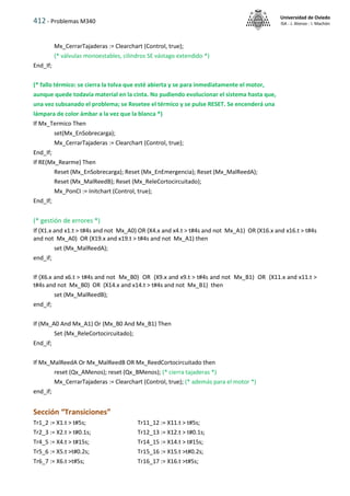 412 - Problemas M340
Universidad de Oviedo
ISA - J. Alonso - I. Machón
Mx_CerrarTajaderas := Clearchart (Control, true);
(* válvulas monoestables, cilindros SE vástago extendido *)
End_If;
(* fallo térmico: se cierra la tolva que esté abierta y se para inmediatamente el motor,
aunque quede todavía material en la cinta. No pudiendo evolucionar el sistema hasta que,
una vez subsanado el problema; se Resetee el térmico y se pulse RESET. Se encenderá una
lámpara de color ámbar a la vez que la blanca *)
If Mx_Termico Then
set(Mx_EnSobrecarga);
Mx_CerrarTajaderas := Clearchart (Control, true);
End_If;
If RE(Mx_Rearme) Then
Reset (Mx_EnSobrecarga); Reset (Mx_EnEmergencia); Reset (Mx_MalReedA);
Reset (Mx_MalReedB); Reset (Mx_ReleCortocircuitado);
Mx_PonCI := Initchart (Control, true);
End_If;
(* gestión de errores *)
If (X1.x and x1.t > t#4s and not Mx_A0) OR (X4.x and x4.t > t#4s and not Mx_A1) OR (X16.x and x16.t > t#4s
and not Mx_A0) OR (X19.x and x19.t > t#4s and not Mx_A1) then
set (Mx_MalReedA);
end_if;
If (X6.x and x6.t > t#4s and not Mx_B0) OR (X9.x and x9.t > t#4s and not Mx_B1) OR (X11.x and x11.t >
t#4s and not Mx_B0) OR (X14.x and x14.t > t#4s and not Mx_B1) then
set (Mx_MalReedB);
end_if;
If (Mx_A0 And Mx_A1) Or (Mx_B0 And Mx_B1) Then
Set (Mx_ReleCortocircuitado);
End_if;
If Mx_MalReedA Or Mx_MalReedB OR Mx_ReedCortocircuitado then
reset (Qx_AMenos); reset (Qx_BMenos); (* cierra tajaderas *)
Mx_CerrarTajaderas := Clearchart (Control, true); (* además para el motor *)
end_if;
Sección “Transiciones”
Tr1_2 := X1.t > t#5s; Tr11_12 := X11.t > t#5s;
Tr2_3 := X2.t > t#0.1s; Tr12_13 := X12.t > t#0.1s;
Tr4_5 := X4.t > t#15s; Tr14_15 := X14.t > t#15s;
Tr5_6 := X5.t >t#0.2s; Tr15_16 := X15.t >t#0.2s;
Tr6_7 := X6.t >t#5s; Tr16_17 := X16.t >t#5s;
 