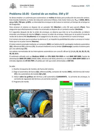 Problemas M340 - 429
Universidad de Oviedo
ISA - J. Alonso - I. Machón
Problema 10.05 · Control de un molino. EM y EF
Se desea emplear un autómata para automatizar un molino de bolas para producción de arena de cantera.
Está movido mediante un motor de inducción asíncrono trifásico. Este motor tiene una PUTIL = 15KW, 400 V,
cos ϕ 0,81, 750 rpm, =92%. La intensidad de arranque es de 6 veces la nominal y el tiempo de arranque se
de 5 segundos.
Para arrancar el sistema se dispone de un pulsador NA (Marcha) y otro NC para pararlo (Paro). Para
asegurarse que efectivamente el motor ha arrancado se dispone de un contacto auxiliar (Km1Aux).
Si 3 segundos después de dar la orden de arranque, se observa que éste no se ha producido, se deberá
encender una lámpara de alarma (LRoja) y revocar la orden de arranque. Hasta que no se pulse el acuse de
recibo de la alarma NA (AcuAlarma) no se apagará la luz de aviso, ni se permitirá un nuevo arranque.
Si el número de veces que se produce la alarma es 5, se impedirá la posibilidad de volver a arrancar el motor
hasta que no se pulse rearme (Rearme).
El motor estará conectado mediante un contactor (KM1) con bobina de AC y protegido mediante automático
(Q1), diferencial (F1) y térmico (F1). Se avisará mediante una luz ámbar (LSobrecarga) cuando el sistema pare
por una sobrecarga (F2).
Los valores normalizados de los Interruptores automáticos con curva C o D son 1, 2, 4, 6, 10, 16, 20, 25, 32,
40, 50, 63 A.
El autómata utilizado será un Modicon M340 con CPU BMX P34 2020 en rack BMX XBP 0400, fuente de
alimentación BMX CPS 2000 (24VDC 60W, eficiencia del 82%) alimenta a el módulo BMX DDM 16025 de 8
entradas digitales de 24 VCC PNP y 8 salidas por relé que están alimentadas a 230 VAC.
Se pide:
1. Diseñar el esquema de mando y de fuerza del sistema.
2. Elegir el automático de fuerza (Q1), diferencial (F1), contactor de mando (KM1), relé térmico del motor
(F2) y los automáticos de mando (Q2 y Q3).
3. Indicar sobre las gráficas del térmico y del automático CLARAMENTE, la corriente de arranque, la
corriente de regulación del térmico y la corriente nominal.
4. Programa de mando
BMX DDM 16025
 