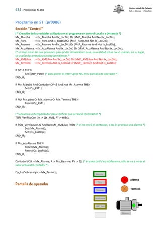434 - Problemas M340
Universidad de Oviedo
ISA - J. Alonso - I. Machón
Programa en ST (pr0906)
Sección "Control"
(* Creación de las variables utilizadas en el programa en control Local o a Distancia *)
Mx_Marcha := (Ix_Marcha And Ix_LocDis) Or (MxP_Marcha And Not Ix_LocDis);
Mx_Paro := (Ix_Paro And Ix_LocDis) Or (MxP_Paro And Not Ix_LocDis);
Mx_Rearme := (Ix_Rearme And Ix_LocDis) Or (MxP_Rearme And Not Ix_LocDis);
Mx_AcuAlarma := (Ix_AcuAlarma And Ix_LocDis) Or (MxP_AcuAlarma And Not Ix_LocDis);
(* en rojo están las que ponemos para poder simularlo en casa, en realidad estas no se usarían, en su lugar,
se usarían las entradas Ix correspondientes *)
Mx_KM1Aux := (Ix_KM1Aux And Ix_LocDis) Or (MxP_KM1Aux And Not Ix_LocDis);
Mx_Termico := (Ix_Termico And Ix_LocDis) Or (MxP_Termico And Not Ix_LocDis);
If %S13 THEN
Set (MxP_Paro); (* para poner el interruptor NC en la pantalla de operador *)
END_IF;
If Mx_Marcha And Contador.CV <5 And Not Mx_Alarma THEN
Set (Qx_KM1);
END_IF;
If Not Mx_paro Or Mx_alarma Or Mx_Termico THEN
Reset (Qx_KM1);
END_IF;
(* lanzamos un temporizador para verificar que arrancó el contactor *)
TON_VerificaCon (IN := Qx_KM1, PT := t#3s);
If TON_VerificaCon.Q And Not Mx_KM1Aux THEN (* si no entró el contactor, a los 3s provoca una alarma *)
Set (Mx_Alarma);
Set (Qx_LuzRoja);
END_IF;
If Mx_AcuAlarma THEN
Reset (Mx_Alarma);
Reset (Qx_LuzRoja);
END_IF;
Contador (CU := Mx_Alarma, R := Mx_Rearme, PV := 5); (* el valor de PV es indiferente, sólo se va a mirar el
valor actual del contador *)
Qx_LuzSobrecarga := Mx_Termico;
Pantalla de operador
 