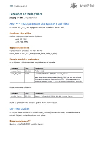 438 - Problemas M340
Universidad de Oviedo
ISA - J. Alonso - I. Machón
Funciones de fecha y hora
[03] pág. 173-186. Leer para ampliar
ADD_***_TIME: Adición de una duración a una fecha
La función ADD_***_TIME agrega una duración a una fecha o a una hora.
Funciones disponibles
Las funciones disponibles son las siguientes:
ADD_DT_TIME,
ADD_TOD_TIME.
Representación en ST
Representación aplicada a una hora del día:
Result_Value := ADD_TOD_TIME (Source_Value, Time_to_Add);
Descripción de los parámetros
En la siguiente tabla se describen los parámetros de entrada:
los parámetros de salida son:
NOTA: la aplicación debe prever la gestión de los años bisiestos.
DIVTIME: División
La función divide el valor de la entrada TIME_variable (tipo de datos TIME) entre el valor de la
entrada Divisor y emite el resultado en la salida.
Representación en ST
Quotient := DIVTIME (TIME_variable, Divisor) ;
 