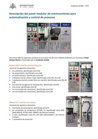 Problemas M340 - 443
Universidad de Oviedo
ISA - J. Alonso - I. Machón
Descripción del panel modular de entrenamiento para
automatización y control de procesos
Para desarrollar las siguientes prácticas se va a hacer uso de unos módulos diseñados por el profesor Felipe
Mateos Martin y financiados por la Fundación ALCOA.
Módulo HMI-1 (Interface Hombre Máquina)
consta de los siguientes elementos:
 Un voltímetro, identificado como V30
 Un amperímetro, identificado como A20
 Un potenciómetro, identificado como P10
 3 lámparas (verde, ámbar y roja), identificadas como HG, HY y HR
 3 pulsadores (verde y ámbar NA y uno rojo NC), identificados como BG, BY
y BR
 Una Seta de emergencia (2 contactos NC), identificada como ES
 Una sirena, identificada como SR
 Un conmutador de 2 posiciones, identificado como S2P
 Un conmutador de 3 posiciones, identificado como S3P
Módulo IFC-1 (Interface de señales)
Consta de los siguientes elementos:
 Una fuente de alimentación, identificada como PS
 Un convertidor de temperatura [PT100 -V], identificado como MCR
[MINI MCR-SL-PT100-UINC- 2864273 de Phoenix Contact]
 5 relés, identificados como R1 a R5 [OPT-24DC/230AC/ 1 de Phoenix
Contact]
 1 automático de protección
 