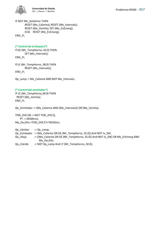 Problemas M340 - 457
Universidad de Oviedo
ISA - J. Alonso - I. Machón
IF NOT Mx_SetaEmer THEN
RESET (Mx_Calienta); RESET (Mx_Intervalo);
RESET (Mx_Ventila); SET (Mx_EnEmerg);
ELSE RESET (Mx_EnEmerg);
END_IF;
(* Control de la lámpara*)
If GE (Mr_TempHorno, 42.0) THEN
SET (Mx_Intervalo);
END_IF;
If LE (Mr_TempHorno, 38.0) THEN
RESET (Mx_Intervalo);
END_IF;
Qx_Lamp := Mx_Calienta AND NOT Mx_Intervalo;
(* Control del ventilador*)
IF LE (Mr_TempHorno,30.0) THEN
RESET (Mx_Ventila);
END_IF;
Qx_Ventilador := (Mx_Calienta AND (Mx_Intervalo)) OR (Mx_Ventila);
TON_2HZ (IN := NOT TON_2HZ.Q,
PT := t#500ms);
Mx_Osc2Hz:=TON_2HZ.ET>T#250ms;
Qx_LAmbar := Qx_Lamp;
Qx_Zumbador := (Mx_Calienta OR GE (Mr_TempHorno, 35.0)) And NOT Ix_SW;
Qx_LRoja := ((Mx_Calienta OR GE (Mr_TempHorno, 35.0)) And NOT Ix_SW) OR Mx_EnEmerg AND
Mx_Osc2Hz;
Qx_LVerde := NOT Qx_Lamp And LT (Mr_TempHorno, 30.0);
 