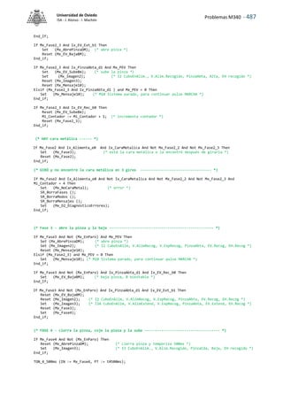 Problemas M340 - 487
Universidad de Oviedo
ISA - J. Alonso - I. Machón
End_If;
If Mx_Fase2_3 And Ix_EV_Ext_b1 Then
Set (Mx_AbrePinzaDM); (* abre pinza *)
Reset (Mx_EV_BajaBM);
End_if;
If Mx_Fase2_3 And Ix_PinzaAbta_d1 And Mx_PEV Then
Set (Mx_EV_SubeBm); (* sube la pinza *)
Set (Mx_Imagen2); (* I2 CuboEnAlim., V.Alim.Recogido, PinzaAbta, Alta, EH recogido *)
Reset (Mx_Imagen3);
Reset (Mx_Mensaje10);
Elsif (Mx_Fase2_3 And Ix_PinzaAbta_d1 ) and Mx_PEV = 0 Then
Set (Mx_Mensaje10); (* M10 Sistema parado, para continuar pulse MARCHA *)
End_if;
If Mx_Fase2_3 And Ix_EV_Rec_b0 Then
Reset (Mx_EV_SubeBm);
Mi_Contador := Mi_Contador + 1; (* incrementa contador *)
Reset (Mx_Fase2_3);
End_if;
(* HAY cara metálica ------ *)
If Mx_Fase2 And Ix_Alimenta_e0 And Ix_CaraMetalica And Not Mx_Fase2_2 And Not Mx_Fase2_3 Then
Set (Mx_Fase3); (* está la cara metálica o la encontró después de girarla *)
Reset (Mx_Fase2);
End_if;
(* GIRÓ y no encontró la cara metálica en 3 giros ---------------------------------- *)
If Mx_Fase2 And Ix_Alimenta_e0 And Not Ix_CaraMetalica And Not Mx_Fase2_2 And Not Mx_Fase2_3 And
Mi_Contador = 4 Then
Set (Mx_NoCaraMetal); (* error *)
SR_BorraFases ();
SR_BorraModos ();
SR_BorraMensajes ();
Set (Mx_D2_DiagnosticoErrores);
End_if;
(* Fase 3 - abre la pinza y la baja -------------------------------------------------- *)
If Mx_Fase3 And Not (Mx_EnParo) And Mx_PEV Then
Set (Mx_AbrePinzaDM); (* abre pinza *)
Set (Mx_Imagen2); (* I2 CuboEnAlim, V.AlimRecog, V.ExpRecog, PinzaAbta, EV.Recog, EH.Recog *)
Reset (Mx_Mensaje10);
Elsif (Mx_Fase2_3) and Mx_PEV = 0 Then
Set (Mx_Mensaje10); (* M10 Sistema parado, para continuar pulse MARCHA *)
End_if;
If Mx_Fase3 And Not (Mx_EnParo) And Ix_PinzaAbta_d1 And Ix_EV_Rec_b0 Then
Set (Mx_EV_BajaBM); (* baja pinza, B biestable *)
End_If;
If Mx_Fase3 And Not (Mx_EnParo) And Ix_PinzaAbta_d1 And Ix_EV_Ext_b1 Then
Reset (Mx_EV_BajaBM);
Reset (Mx_Imagen2); (* I2 CuboEnAlim, V.AlimRecog, V.ExpRecog, PinzaAbta, EV.Recog, EH.Recog *)
Set (Mx_Imagen3); (* I3A CuboEnAlim, V.AlimExtend, V.ExpRecog, PinzaAbta, EV.Extend, EH.Recog *)
Reset (Mx_Fase3);
Set (Mx_Fase4);
End_if;
(* FASE 4 - cierra la pinza, coje la pieza y la sube ------------------------------------ *)
If Mx_Fase4 And Not (Mx_EnParo) Then
Reset (Mx_AbrePinzaDM); (* cierra pinza y temporiza 500ms *)
Set (Mx_Imagen3); (* I3 CuboEnAlim., V.Alim.Recogido, PinzaCda, Baja, EH recogido *)
End_if;
TON_4_500ms (IN := Mx_Fase4, PT := t#500ms);
 