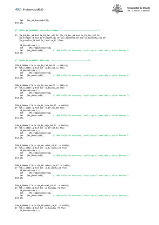 492 - Problemas M340
Universidad de Oviedo
ISA - J. Alonso - I. Machón
Set (Mx_A6_PuestaEnEI);
End_if;
(* FALLO de SENSORES cortocircuitados --------------------------------*)
If (Ix_EH_Rec_a0 And Ix_EH_Ext_a1) Or (Ix_EV_Rec_b0 And Ix_EV_Ext_b1) Or
(Ix_Pinza0_c0 And Ix_Pinza90_c1) Or (Ix_Alimenta_e0 And Ix_Alimenta_e1) Or
(Ix_Expulsa_f0 And Ix_Expulsa_f1 )Then
SR_BorraFases ();
Set (Mx_FalloSensores);
Set (Mx_Mensaje09); (* M09 Fallo de sensores, sustituya el averiado y pulse Rearme *)
End_If;
(* FALLO de SENSORES abiertos --------------------------------*)
TON_4_500ms (IN := Qx_EH_Ext_AM,PT := t#03s);
If TON_4_500ms.Q And Not Ix_EH_Ext_a1 Then
SR_BorraFases ();
Set (Mx_FalloSensores);
Set (Mx_mensaje09); (* M09 Fallo de sensores, sustituya el averiado y pulse Rearme *)
End_if;
TON_4_500ms (IN := Qx_EH_Rec_Am,PT := t#03s);
If TON_4_500ms.Q And Not Ix_EH_Rec_a0 Then
SR_BorraFases ();
Set (Mx_FalloSensores);
Set (Mx_Mensaje09); (* M09 Fallo de sensores, sustituya el averiado y pulse Rearme *)
End_if;
TON_4_500ms (IN := Qx_EV_Sube_Bm,PT := t#03s);
If TON_4_500ms.Q And Not Ix_EV_Rec_b0 Then
SR_BorraFases ();
Set (Mx_FalloSensores);
Set (Mx_Mensaje09); (* M09 Fallo de sensores, sustituya el averiado y pulse Rearme *)
End_if;
TON_4_500ms (IN := Qx_EV_Baja_BM,PT := t#03s);
If TON_4_500ms.Q And Not Ix_EV_Ext_b1 Then
SR_BorraFases ();
Set (Mx_FalloSensores);
Set (Mx_Mensaje09); (* M09 Fallo de sensores, sustituya el averiado y pulse Rearme *)
End_if;
TON_4_500ms (IN := Qx_VAlimExt_EM,PT := t#03s);
If TON_4_500ms.Q And Not Ix_Alimenta_e1 Then
SR_BorraFases ();
Set (Mx_FalloSensores);
Set (Mx_Mensaje09); (* M09 Fallo de sensores, sustituya el averiado y pulse Rearme *)
End_if;
TON_4_500ms (IN := Qx_VAlimReco_Em,PT := t#03s);
If TON_4_500ms.Q And Not Ix_Alimenta_e0 Then
SR_BorraFases ();
Set (Mx_FalloSensores);
Set (Mx_Mensaje09); (* M09 Fallo de sensores, sustituya el averiado y pulse Rearme *)
End_if;
TON_4_500ms (IN := Qx_VExpExt_FM,PT := t#03s);
If TON_4_500ms.Q And Not Ix_Expulsa_f1 Then
SR_BorraFases ();
Set (Mx_FalloSensores);
Set (Mx_Mensaje09); (* M09 Fallo de sensores, sustituya el averiado y pulse Rearme *)
End_if;
TON_4_500ms (IN := Qx_VExpReco_Fm,PT := t#03s);
If TON_4_500ms.Q And Not Ix_Expulsa_f0 Then
SR_BorraFases ();
 