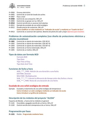 Problemas Schneider M340 - 5
Universidad de Oviedo
ISA - J. Alonso - I. Machón
Pr-0904 Proceso electrolisis
Pr-0905 Control de un túnel de lavado de coches
Pr-0907 Paso a nivel
Pr-0908 Control de una compuerta. EM y EF
Pr-0909 Control de un garaje con luz. EM y EF
Pr-0910 Control sencillo de un ascensor de 6 plantas
Pr-0911 Ejemplo de escalado de una señal analógica
Pr-0912 Pesado preciso de sustancias. EM y EF
Como modificar un valor mediante un “Indicador de escala” y mediante un “Cuadro de Giro”
Pr-0913 Control de un ascensor de 6 plantas. Botones de planta de subir y bajar (Ejercicio para resolver)
Problemas de automatización completos [con diseño de protecciones eléctricas y
cálculos neumáticos]
Pr-1001 Control de un aporte de materiales. CDE AD IG
Pr-1002 Control de un aporte de materiales. CDE AET IG
Pr-1003 Control de un aporte de materiales. CSE AET IG
Pr-1004 Control de un horno motorizado. EM y EF
Pr-1005 Control de un molino. EM y EF
Tipos de datos con formato BCD
Formato BCD
Tipo Date
Tipo Time of Day
Tipo Date And Time
Funciones de fecha y hora
ADD_***_TIME: Adición de una duración a una fecha
DIVTIME: División
MULTIME: Multiplicación
SUB_***_***: Calcula la diferencia de tiempo entre dos fechas u horas
SUB_***_TIME: Resta de una duración de una fecha
Escalado de una señal analógica de entrada
Ejemplo Escalado y tratamiento de una señal analógica de temperatura
Como introducir un valor analógico mediante un indicador de escala
Como introducir un gráfico de tendencias
Descripción de los módulos del proyecto "ALCOA"
Esquema de Mando, y fuerza de los módulos en general
Pr-1101 Encendido y apagado sencillo de un horno. EM y EF
Pr-1102 Control sencillo de la temperatura de un horno. EM y EF
Programación por fases
Pr-1201 Portón. Programado mediante fases
 