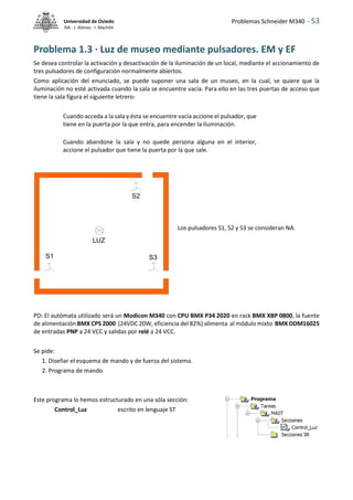 Problemas Schneider M340 - 53
Universidad de Oviedo
ISA - J. Alonso - I. Machón
Problema 1.3 · Luz de museo mediante pulsadores. EM y EF
Se desea controlar la activación y desactivación de la iluminación de un local, mediante el accionamiento de
tres pulsadores de configuración normalmente abiertos.
Como aplicación del enunciado, se puede suponer una sala de un museo, en la cual, se quiere que la
iluminación no esté activada cuando la sala se encuentre vacía. Para ello en las tres puertas de acceso que
tiene la sala figura el siguiente letrero:
Cuando acceda a la sala y ésta se encuentre vacía accione el pulsador, que
tiene en la puerta por la que entra, para encender la iluminación.
Cuando abandone la sala y no quede persona alguna en el interior,
accione el pulsador que tiene la puerta por la que sale.
Los pulsadores S1, S2 y S3 se consideran NA.
PD: El autómata utilizado será un Modicon M340 con CPU BMX P34 2020 en rack BMX XBP 0800, la fuente
de alimentación BMX CPS 2000 (24VDC 20W, eficiencia del 82%) alimenta al módulo mixto BMX DDM16025
de entradas PNP a 24 VCC y salidas por relé a 24 VCC.
Se pide:
1. Diseñar el esquema de mando y de fuerza del sistema.
2. Programa de mando
Este programa lo hemos estructurado en una sóla sección:
Control_Luz escrito en lenguaje ST
S1
S2
S3
LUZ
 