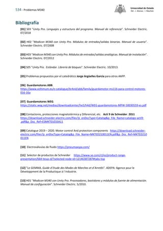 534 - Problemas M340
Universidad de Oviedo
ISA - J. Alonso - I. Machón
Bibliografía
[01] S03 "Unity Pro. Lenguajes y estructura del programa. Manual de referencia". Schneider Electric.
07/2018
[02] H02 "Modicon M340 con Unity Pro. Módulos de entradas/salidas binarias. Manual de usuario".
Schneider Electric. 07/2008
[03] H03 "Modicon M340 con Unity Pro. Módulos de entradas/salidas analógicas. Manual de instalación".
Schneider Electric. 07/2012
[04] S05 "Unity Pro. Estándar. Librería de bloques". Schneider Electric. 10/2013.
[05] Problemas propuestos por el catedrático Jorge Argüelles García para otros AAPP.
[06] Guardamotores ABB.
https://www.voltimum.es/e-catalogue/brAnd/abb/family/guardamotor-ms116-para-control-motores-
016-16a
[07] Guardamotores WEG.
https://static.weg.net/medias/downloadcenter/he5/h4d/WEG-guardamotores-MPW-50030559-es.pdf
[08] Contactores, protecciones magnetotérmica y Diferencial, etc. Acti 9 de Schneider. 2011
https://download.schneider-electric.com/files?p_enDocType=Catalog&p_File_Name=catalogo-acti9-
.pdf&p_Doc_Ref=ESMKT01033A11
[09] Catalogue 2019 – 2020. Motor control And protection components https://download.schneider-
electric.com/files?p_enDocType=Catalog&p_File_Name=MKTED210011EN.pdf&p_Doc_Ref=MKTED210
011EN
[10] Electroválvulas de fluido https://pneumaxspa.com/
[11] Selector de productos de Schneider https://www.se.com/cl/es/product-range-
presentation/664-tesys-d/?selected-node-id=12146387287#tabs-top
[12] "Le GEMMA, Guide d`Etude des Modes de Marches et d`Arretês". ADEPA: Agence pour le
Développment de la Productique á l`industrie.
[13] H01 "Modicon M340 con Unity Pro. Procesadores, bastidores y módulos de fuente de alimentación.
Manual de configuración". Schneider Electric. 5/2010.
 