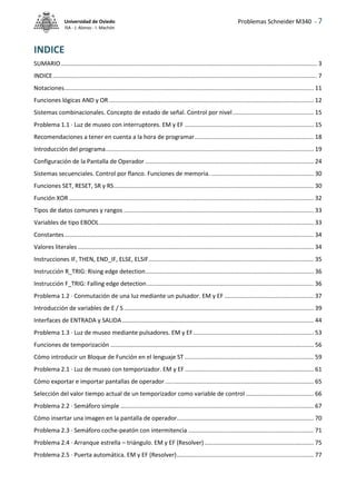Problemas Schneider M340 - 7
Universidad de Oviedo
ISA - J. Alonso - I. Machón
INDICE
SUMARIO........................................................................................................................................................... 3
INDICE................................................................................................................................................................ 7
Notaciones....................................................................................................................................................... 11
Funciones lógicas AND y OR ............................................................................................................................ 12
Sistemas combinacionales. Concepto de estado de señal. Control por nivel................................................. 15
Problema 1.1 · Luz de museo con interruptores. EM y EF .............................................................................. 15
Recomendaciones a tener en cuenta a la hora de programar........................................................................ 18
Introducción del programa.............................................................................................................................. 19
Configuración de la Pantalla de Operador ...................................................................................................... 24
Sistemas secuenciales. Control por flanco. Funciones de memoria. .............................................................. 30
Funciones SET, RESET, SR y RS......................................................................................................................... 30
Función XOR .................................................................................................................................................... 32
Tipos de datos comunes y rangos ................................................................................................................... 33
Variables de tipo EBOOL.................................................................................................................................. 33
Constantes....................................................................................................................................................... 34
Valores literales............................................................................................................................................... 34
Instrucciones IF, THEN, END_IF, ELSE, ELSIF.................................................................................................... 35
Instrucción R_TRIG: Rising edge detection...................................................................................................... 36
Instrucción F_TRIG: Falling edge detection..................................................................................................... 36
Problema 1.2 · Conmutación de una luz mediante un pulsador. EM y EF ...................................................... 37
Introducción de variables de E / S................................................................................................................... 39
Interfaces de ENTRADA y SALIDA.................................................................................................................... 44
Problema 1.3 · Luz de museo mediante pulsadores. EM y EF......................................................................... 53
Funciones de temporización ........................................................................................................................... 56
Cómo introducir un Bloque de Función en el lenguaje ST .............................................................................. 59
Problema 2.1 · Luz de museo con temporizador. EM y EF.............................................................................. 61
Cómo exportar e importar pantallas de operador.......................................................................................... 65
Selección del valor tiempo actual de un temporizador como variable de control ......................................... 66
Problema 2.2 · Semáforo simple ..................................................................................................................... 67
Cómo insertar una imagen en la pantalla de operador................................................................................... 70
Problema 2.3 · Semáforo coche-peatón con intermitencia ............................................................................ 71
Problema 2.4 · Arranque estrella – triángulo. EM y EF (Resolver) .................................................................. 75
Problema 2.5 · Puerta automática. EM y EF (Resolver)................................................................................... 77
 