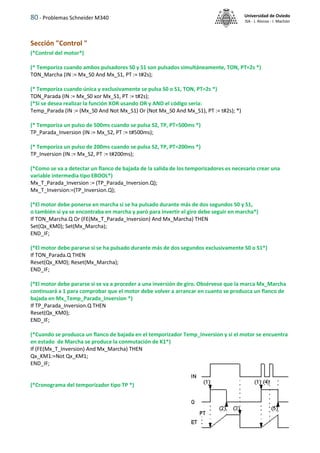 80 - Problemas Schneider M340 Universidad de Oviedo
ISA - J. Alonso - I. Machón
Sección "Control "
(*Control del motor*)
(* Temporiza cuando ambos pulsadores S0 y S1 son pulsados simultáneamente, TON, PT=2s *)
TON_Marcha (IN := Mx_S0 And Mx_S1, PT := t#2s);
(* Temporiza cuando única y exclusivamente se pulsa S0 o S1, TON, PT=2s *)
TON_Parada (IN := Mx_S0 xor Mx_S1, PT := t#2s);
(*Si se desea realizar la función XOR usando OR y AND el código sería:
Temp_Parada (IN := (Mx_S0 And Not Mx_S1) Or (Not Mx_S0 And Mx_S1), PT := t#2s); *)
(* Temporiza un pulso de 500ms cuando se pulsa S2, TP, PT=500ms *)
TP_Parada_Inversion (IN := Mx_S2, PT := t#500ms);
(* Temporiza un pulso de 200ms cuando se pulsa S2, TP, PT=200ms *)
TP_Inversion (IN := Mx_S2, PT := t#200ms);
(*Como se va a detectar un flanco de bajada de la salida de los temporizadores es necesario crear una
variable intermedia tipo EBOOL*)
Mx_T_Parada_Inversion := (TP_Parada_Inversion.Q);
Mx_T_Inversion:=(TP_Inversion.Q);
(*El motor debe ponerse en marcha si se ha pulsado durante más de dos segundos S0 y S1,
o también si ya se encontraba en marcha y paró para invertir el giro debe seguir en marcha*)
If TON_Marcha.Q Or (FE(Mx_T_Parada_Inversion) And Mx_Marcha) THEN
Set(Qx_KM0); Set(Mx_Marcha);
END_IF;
(*El motor debe pararse si se ha pulsado durante más de dos segundos exclusivamente S0 o S1*)
If TON_Parada.Q THEN
Reset(Qx_KM0); Reset(Mx_Marcha);
END_IF;
(*El motor debe pararse si se va a proceder a una inversión de giro. Obsérvese que la marca Mx_Marcha
continuará a 1 para comprobar que el motor debe volver a arrancar en cuanto se produzca un flanco de
bajada en Mx_Temp_Parada_Inversion *)
If TP_Parada_Inversion.Q THEN
Reset(Qx_KM0);
END_IF;
(*Cuando se produzca un flanco de bajada en el temporizador Temp_Inversion y si el motor se encuentra
en estado de Marcha se produce la conmutación de K1*)
If (FE(Mx_T_Inversion) And Mx_Marcha) THEN
Qx_KM1:=Not Qx_KM1;
END_IF;
(*Cronograma del temporizador tipo TP *)
 