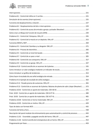 Problemas Schneider M340 - 9
Universidad de Oviedo
ISA - J. Alonso - I. Machón
Interrupciones ............................................................................................................................................... 221
Problema 8.1 · Control de tráfico en 2 carriles.............................................................................................. 221
Simulación de los eventos (interrupciones) .................................................................................................. 225
Funciones de desplazamiento y rotación...................................................................................................... 227
Problema 8.2 · Desplazamientos de bits e interrupciones............................................................................ 229
Problema 8.3 · Control de acceso de entrada a garaje y pulsador (Resolver) .............................................. 237
Cómo crear un Bloque de Función de Usuario (DFB).................................................................................... 239
Problema 9.1 · Control de 3 lámparas. EM y EF ............................................................................................ 245
Problema 9.2 · Control de la mezcla en un depósito. EM y EF...................................................................... 253
Funciones MOVE y NOT................................................................................................................................. 269
Problema 9.3 · Control de 2 bombas y su desgaste. EM y EF........................................................................ 271
Problema 9.4 · Proceso de electrólisis........................................................................................................... 283
Problema 9.5 · Control de un túnel de lavado............................................................................................... 295
Problema 9.7 · Control de un paso a nivel .................................................................................................... 305
Problema 9.8 · Control de una compuerta. EM y EF ..................................................................................... 317
Problema 9.9 · Control de un garaje. EM y EF............................................................................................... 327
Problema 9.10 · Control sencillo de un ascensor de 6 plantas...................................................................... 335
Como introducir un valor analógico mediante un indicador de escala......................................................... 353
Como introducir un gráfico de tendencias.................................................................................................... 353
Cómo hacer el escalado de una señal analógica de entrada......................................................................... 354
Problema 9.11 Ejemplo de escalado de señal analógica............................................................................... 363
Problema 9.12 · Pesado preciso de sustancias. EM y EF ............................................................................... 365
Problema 9.13 · Control de un ascensor de 6 plantas. Botones de planta de subir y bajar (Resolver) ........ 373
Problema 10.01 · Control de un aporte de materiales. CDE AD IG ............................................................... 375
Prob. 10.02 · Control de un aporte de materiales. CDE A ET IG.................................................................... 389
Prob. 10.03 Control de un aporte de materiales. CSE A ET IG..................................................................... 405
Problema 10.04 · Control de un horno motorizado. EM y EF........................................................................ 417
Problema 10.05 · Control de un molino. EM y EF.......................................................................................... 429
Tipos de datos con formato BCD................................................................................................................... 435
Funciones de fecha y hora............................................................................................................................. 438
Descripción del panel modular de entrenamiento para automatización y control de procesos.................. 443
Problema 11.01 · Encendido y apagado sencillo del horno. EM y EF........................................................... 447
Problema 11.02 · Control sencillo de la temperatura de un horno. EM y EF................................................ 453
Programación por fases................................................................................................................................. 459
 