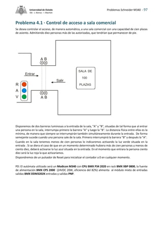 Problemas Schneider M340 - 97
Universidad de Oviedo
ISA - J. Alonso - I. Machón
Problema 4.1 · Control de acceso a sala comercial
Se desea controlar el acceso, de manera automática, a una sala comercial con una capacidad de cien plazas
de asiento. Admitiendo diez personas más de las autorizadas, que tendrían que permanecer de pie.
Disponemos de dos barreras luminosas a la entrada de la sala, "A" y "B", situadas de tal forma que al entrar
una persona en la sala, interrumpa primero la barrera "A" y luego la "B". La distancia física entre ellas es la
mínima, de manera que siempre se interrumpirán también simultáneamente durante la entrada. De forma
semejante sucede cuando una persona sale de la sala. Primero interrumpirá la barrera "B" y después la "A".
Cuando en la sala tenemos menos de cien personas lo indicaremos activando la luz verde situada en la
entrada . Si se diera el caso de que en un momento determinado hubiera más de cien personas y menos de
ciento diez, deberá activarse la luz azul situada en la entrada. En el momento que entrara la persona ciento
diez será la luz roja la que activaríamos.
Dispondremos de un pulsador de Reset para inicializar el contador a 0 en cualquier momento.
PD: El autómata utilizado será un Modicon M340 con CPU BMX P34 2020 en rack BMX XBP 0800, la fuente
de alimentación BMX CPS 2000 (24VDC 20W, eficiencia del 82%) alimenta al módulo mixto de entradas
salidas BMX DDM3202K entradas y salidas PNP.
V
A
A B
A B
R
Entrar
Salir
SALA DE
100
PLAZAS
 