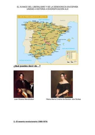EL AVANCE DEL LIBERALISMO Y DE LA DEMOCRACIA EN ESPAÑA
UNIDAD 4 HISTORIA 4 DIVERSIFICACIÓN ALS
¿Qué puedes decir de…?
Juan Álvarez Mendizábal Reina María Cristina de Borbón- dos Sicilias
2.- El sexenio revolucionario (1868-1874)
 