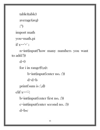 15
table(table)
average(avg)
:''')
import math
you=math.pi
if x=='+' :
n=int(input("how many numbers you want
to add:"))
d=0
for i in range(0,n):
b=int(input('enter no. :'))
d=d+b
print('sum is :',d)
elif x=='-':
b=int(input('enter first no. :'))
c=int(input('enter second no. :'))
d=b-c
 