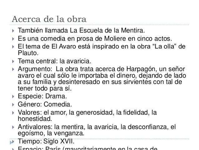 Argumento De La Obra El Avaro Resumen