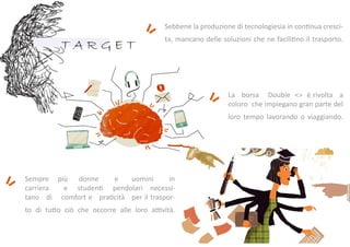 T A R G E T
Sempre più donne e uomini in
carriera e studenti pendolari necessi-
tano di comfort e praticità per il traspor-
to di tutto ciò che occorre alle loro attività.
Sebbene la produzione di tecnologiesia in continua cresci-
ta, mancano delle soluzioni che ne facilitino il trasporto.
La borsa Double <> è rivolta a
coloro che impiegano gran parte del
loro tempo lavorando o viaggiando.
 