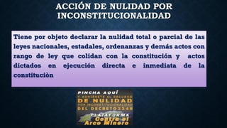 ACCIÓN DE NULIDAD POR
INCONSTITUCIONALIDAD
Tiene por objeto declarar la nulidad total o parcial de las
leyes nacionales, estadales, ordenanzas y demás actos con
rango de ley que colidan con la constitución y actos
dictados en ejecución directa e inmediata de la
constituciòn
 