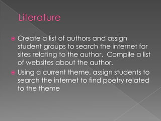  Create a list of authors and assign
  student groups to search the internet for
  sites relating to the author. Compile a list
  of websites about the author.
 Using a current theme, assign students to
  search the internet to find poetry related
  to the theme
 