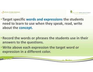 •Target specific words and expressions the students
need to learn to use when they speak, read, write
about the concept.
•Record the words or phrases the students use in their
answers to the questions.
•Write above each expression the target word or
expression in a different color.
 