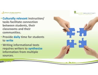 • Culturally relevant instruction/
tasks facilitate connection
between students, their
classrooms and their
communities.
• Provide daily time for students
to write
• Writing informational texts
requires writers to synthesize
information from multiple
sources.
 