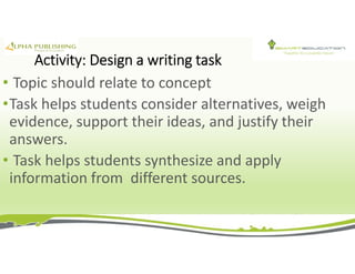 Activity: Design a writing task
• Topic should relate to concept
•Task helps students consider alternatives, weigh
evidence, support their ideas, and justify their
answers.
• Task helps students synthesize and apply
information from different sources.
 