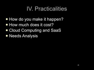 IV. Practicalities <ul><li>How do you make it happen? </li></ul><ul><li>How much does it cost? </li></ul><ul><li>Cloud Com...