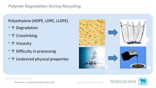 Polyethylene (HDPE, LDPE, LLDPE)
• ↑ Degradation
• ↑ Crosslinking
• ↑ Viscosity
• ↑ Difficulty in processing
• ↑ Undesired physical properties
Baerlocher | Sustainable Plastics May 2023
Polymer Degradation During Recycling
 