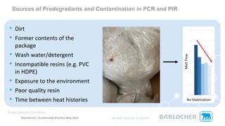 Sources of Prodegradants and Contamination in PCR and PIR
Baerlocher | Sustainable Plastics May 2023
• Dirt
• Former contents of the
package
• Wash water/detergent
• Incompatible resins (e.g. PVC
in HDPE)
• Exposure to the environment
• Poor quality resin
• Time between heat histories No Stabilization
Melt
Flow
 