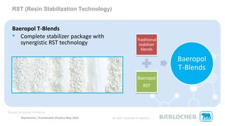 RST (Resin Stabilization Technology)
Baeropol T-Blends
• Complete stabilizer package with
synergistic RST technology
Traditional
stabilizer
blends
Baeropol
RST
Baeropol
T-Blends
Baerlocher | Sustainable Plastics May 2023
 