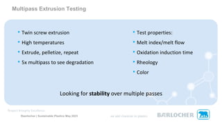 • Twin screw extrusion
• High temperatures
• Extrude, pelletize, repeat
• 5x multipass to see degradation
Baerlocher | Sustainable Plastics May 2023
Multipass Extrusion Testing
• Test properties:
• Melt index/melt flow
• Oxidation induction time
• Rheology
• Color
Looking for stability over multiple passes
 
