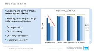 • Stabilizing the polymer means
preventing degradation
• Resulting in virtually no change
in the polymer architecture
• ❌ Degradation
• ❌ Crosslinking
• ❌ Change in viscosity
• ✓ Easier processability
Baerlocher | Sustainable Plastics May 2023
Melt Index Stability
Melt
Flow
Various T-Blend Stabilizers at 0.3% Loading
No Stabilization
 