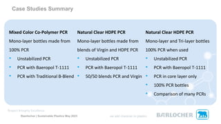 Baerlocher | Sustainable Plastics May 2023
Mixed Color Co-Polymer PCR
Mono-layer bottles made from
100% PCR
• Unstabilized PCR
• PCR with Baeropol T-1111
• PCR with Traditional B-Blend
Case Studies Summary
Natural Clear HDPE PCR
Mono-layer bottles made from
blends of Virgin and HDPE PCR
• Unstabilized PCR
• PCR with Baeropol T-1111
• 50/50 blends PCR and Virgin
Natural Clear HDPE PCR
Mono-layer and Tri-layer bottles
100% PCR when used
• Unstabilized PCR
• PCR with Baeropol T-1111
• PCR in core layer only
• 100% PCR bottles
• Comparison of many PCRs
 