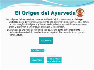 El Origen del Ayurveda
Los orígenes del Ayurveda se basan en la Ciencia Védica. Corresponde al Campo
    Unificado de la Ley Natural, de acuerdo a la moderna física cuántica, es el campo
    de pura energía e inteligencia y desde donde todas las leyes de la naturaleza que
    crean y gobiernan el universo, se organizan y se expresan.
 El Ayurveda es una rama de la Ciencia Védica, es una parte del Conocimiento
    dedicado al cuidado de la salud en toda su amplitud. Fueron redactados por los
    Rishis Indúes.
 