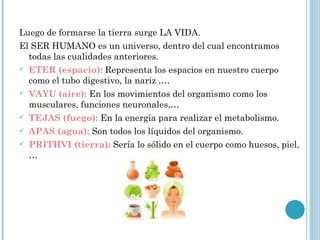 Luego de formarse la tierra surge LA VIDA.
El SER HUMANO es un universo, dentro del cual encontramos
  todas las cualidades anteriores.
 ETER (espacio): Representa los espacios en nuestro cuerpo
  como el tubo digestivo, la nariz ,…
 VAYU (aire): En los movimientos del organismo como los
  musculares, funciones neuronales,…
 TEJAS (fuego): En la energía para realizar el metabolismo.

 APAS (agua): Son todos los líquidos del organismo.

 PRITHVI (tierra): Sería lo sólido en el cuerpo como huesos, piel,
  …
 