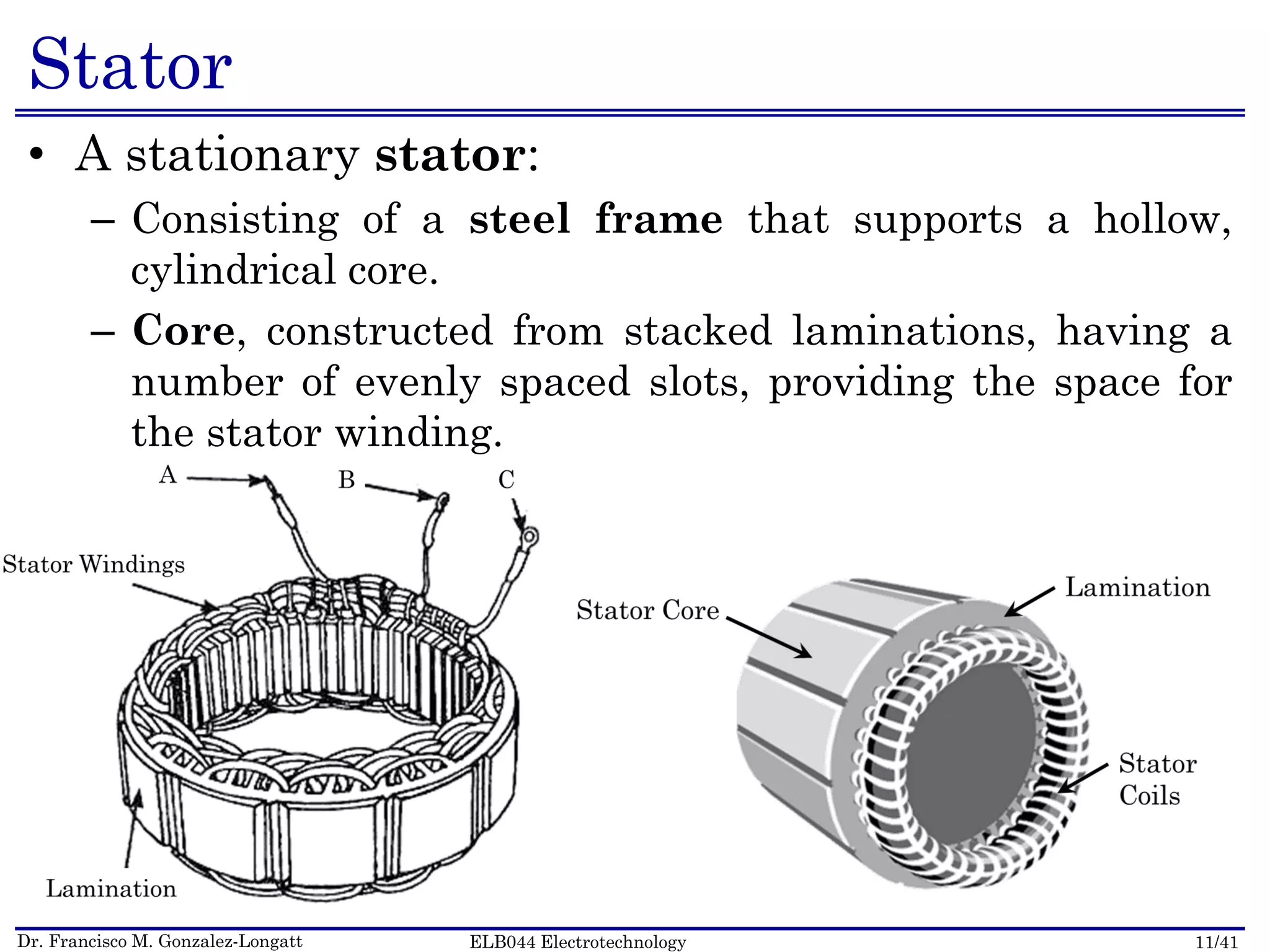 Dr. Francisco M. Gonzalez-Longatt 11/41ELB044 Electrotechnology
Stator
• A stationary stator:
– Consisting of a steel frame that supports a hollow,
cylindrical core.
– Core, constructed from stacked laminations, having a
number of evenly spaced slots, providing the space for
the stator winding.
 