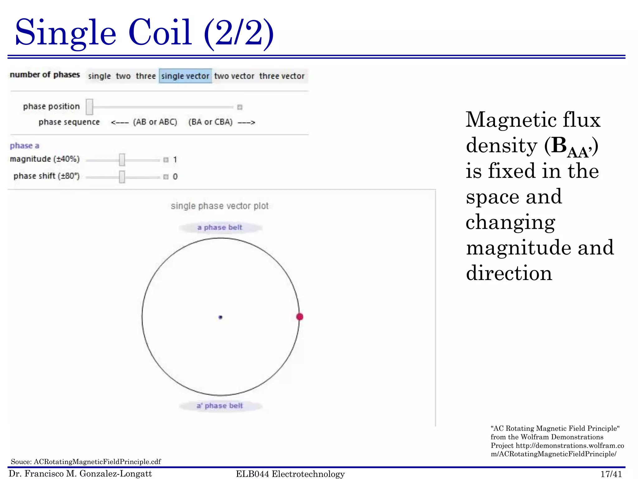 Dr. Francisco M. Gonzalez-Longatt 17/41ELB044 Electrotechnology
Single Coil (2/2)
Magnetic flux
density (BAA’)
is fixed in the
space and
changing
magnitude and
direction
Souce: ACRotatingMagneticFieldPrinciple.cdf
"AC Rotating Magnetic Field Principle"
from the Wolfram Demonstrations
Project http://demonstrations.wolfram.co
m/ACRotatingMagneticFieldPrinciple/
 