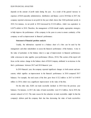 ELB FINANCIAL ANALYSIS 4
depends on the amount of profit made during the year. As a result of the general increase in
expenses of ELB especially administration, distribution and finance cost in 2018 than in 2017, the
company reported a decrease in net profit for the year which shows that ELB performed poorly in
2018. For instance, its net profit in 2018 decreased by $ 0.24 million, which was equivalent to
6.847% deficit in 2018. Therefore, the management of ELB should employ appropriate strategies
to help improve the performance of the company in the years to come to ensure continuity of the
company as well as improvement in financial performance.
Statement of financial position analysis
Usually, the information reported in a balance sheet of a firm can be used by the
management and other stakeholders to assess the financial performance of the business. A rise in
the value of particulars in the balance sheet is a sign of improvement in financial performance
while a decrease in value signifies poor performance (Rivera, 2014). This section of the report will
focus on the various change in the balance sheet of ELB Company attributed to an increase in the
firm’s performance between 2017 and 2018 financial year.
In 2018 financial year, the company reported significant changes in both current and non-
current, which signifies an improvement in the financial performance in 2018 compared 2017
balances. For example, the total assets of the firm grew from $ 32.2 million in 2017 to $ 40.93
million in 2018, which was a significant improvement in the value of the firm.
On the other side, ELB's net trade receivable declined in 2018 from the previous year
balances. For instance, in 2017, the value of trade receivables were $ 5.2 million, but in 2018, the
amount reduced to $ 4.3. The main reason for the reduction in trade receivables might be that the
company's debtors paid the company their due thus decreasing the value of trade receivables
 